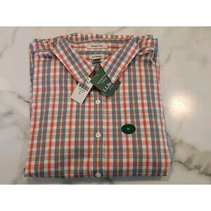 LL Bean Mens XL Orange Blue Plaid Shirt Button Down Wrinkle Free Cotton Casual